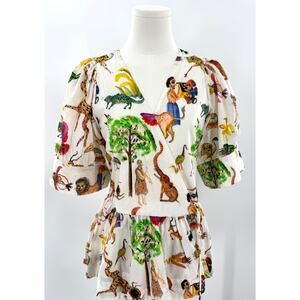 Rhode Ava Safari Top Whimsical Animals Wrap Blouse Puff Sleeve Shirt Medium